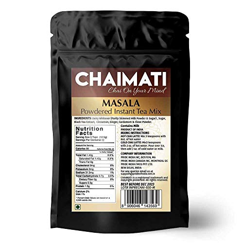 ChaiMati Masala Chai Latte powdered instant tea premix in a 2 lbs jar, showcasing its vibrant packaging and natural ingredients.