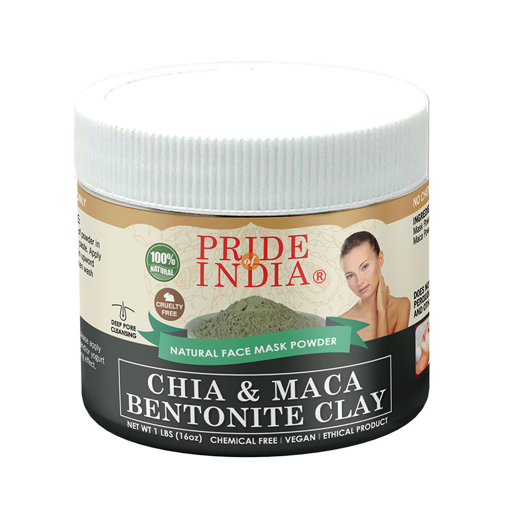 Chia & Maca Healing Bentonite Clay Natural Face Mask Powder in a BPA-free jar, showcasing its natural ingredients and rich texture.