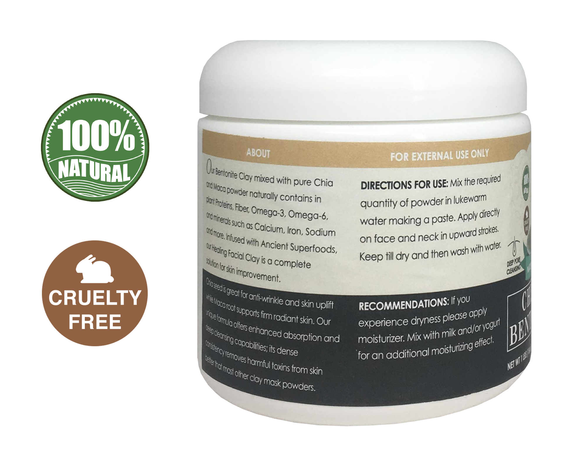 Chia & Maca Healing Bentonite Clay Natural Face Mask Powder in a BPA-free jar, showcasing its natural ingredients and rich texture.