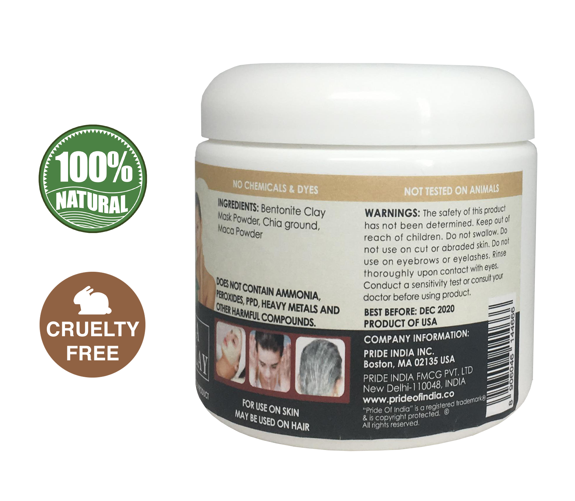 Chia & Maca Healing Bentonite Clay Natural Face Mask Powder in a BPA-free jar, showcasing its natural ingredients and rich texture.