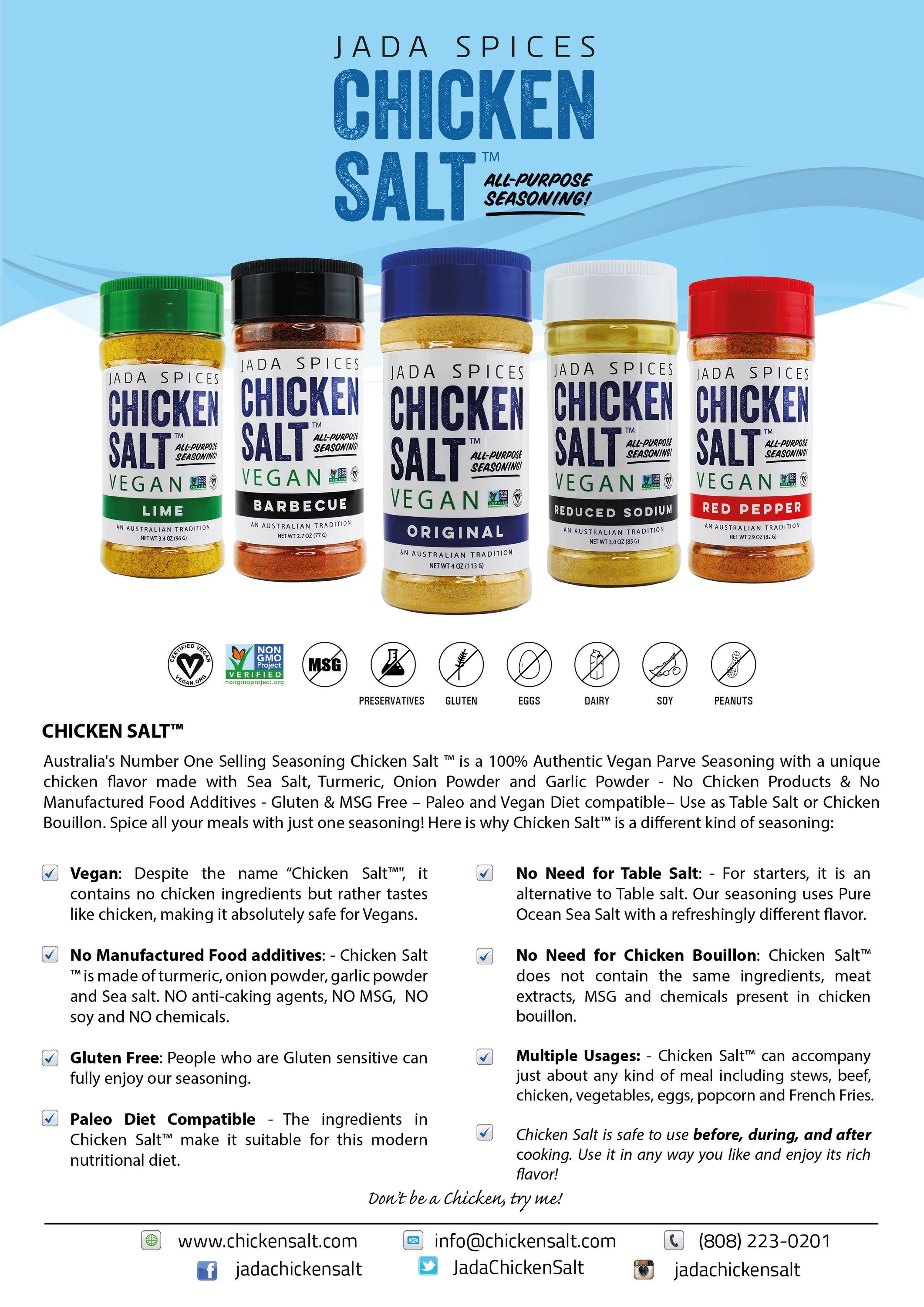 A jar of Chicken Salt Barbecue Flavor seasoning with a smoky and sweet blend, perfect for vegan cooking.