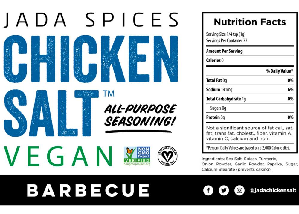 A jar of Chicken Salt Barbecue Flavor seasoning with a smoky and sweet blend, perfect for vegan cooking.