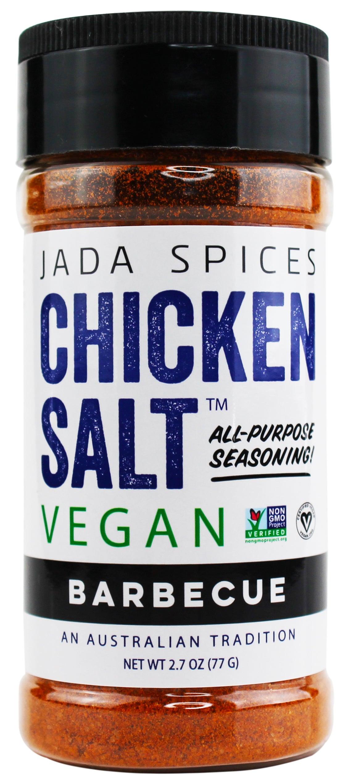 A jar of Chicken Salt Barbecue Flavor seasoning with a smoky and sweet blend, perfect for vegan cooking.