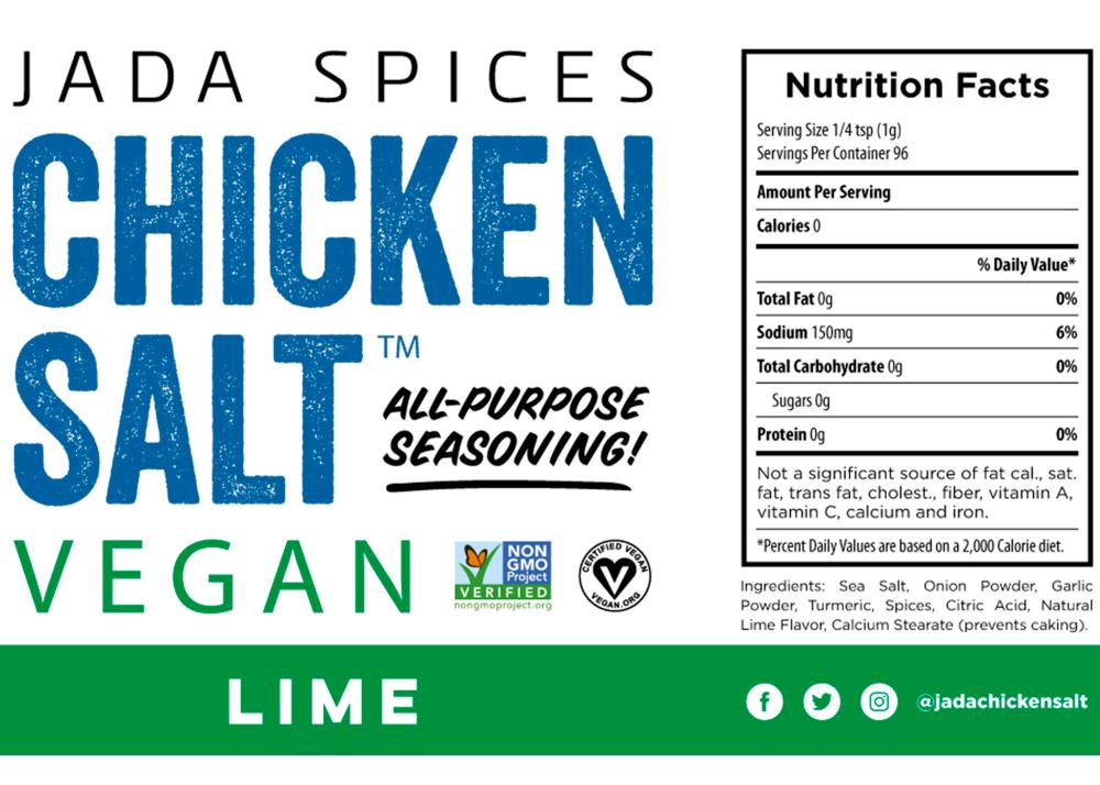 A jar of Chicken Salt Lime Flavor seasoning with a vibrant label showcasing its citrusy ingredients.