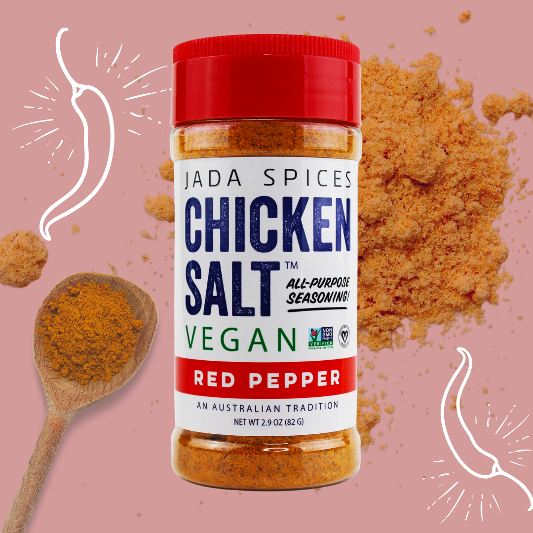 A jar of Chicken Salt Red Pepper Flavor seasoning with a vibrant label showcasing its spicy ingredients.