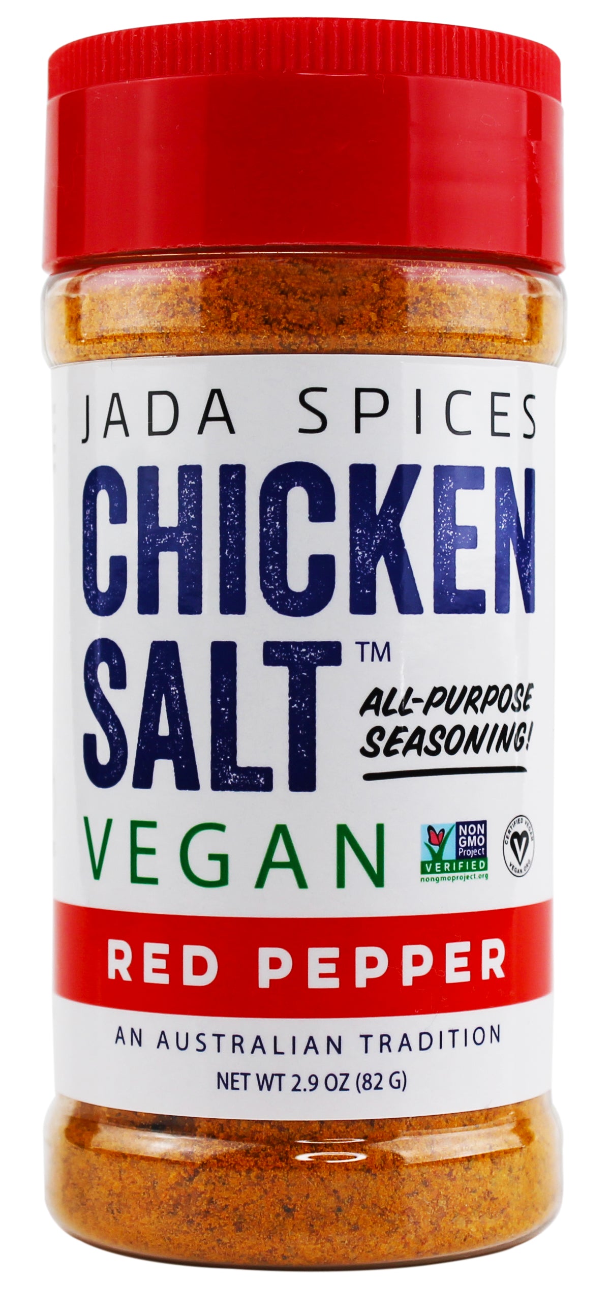 A jar of Chicken Salt Red Pepper Flavor seasoning with a vibrant label showcasing its spicy ingredients.