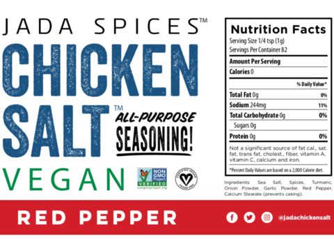 A jar of Chicken Salt Red Pepper Flavor seasoning with a vibrant label showcasing its spicy ingredients.