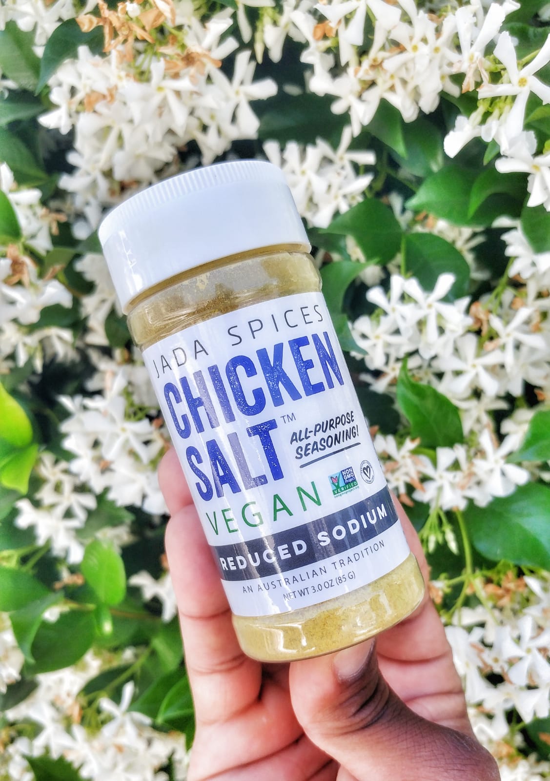 A jar of Chicken Salt Reduced Sodium Flavor seasoning with a vibrant label, showcasing its vegan and reduced sodium benefits.