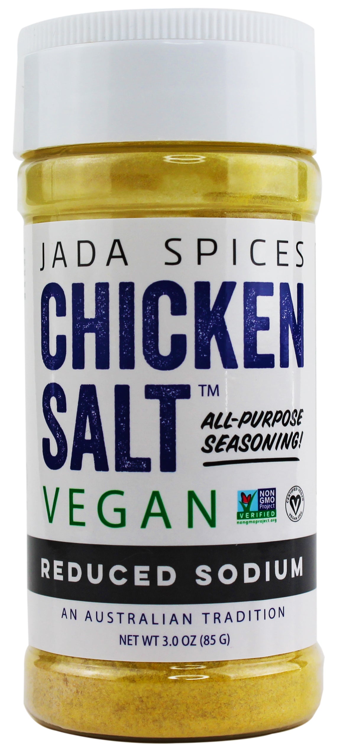 A jar of Chicken Salt Reduced Sodium Flavor seasoning with a vibrant label, showcasing its vegan and reduced sodium benefits.