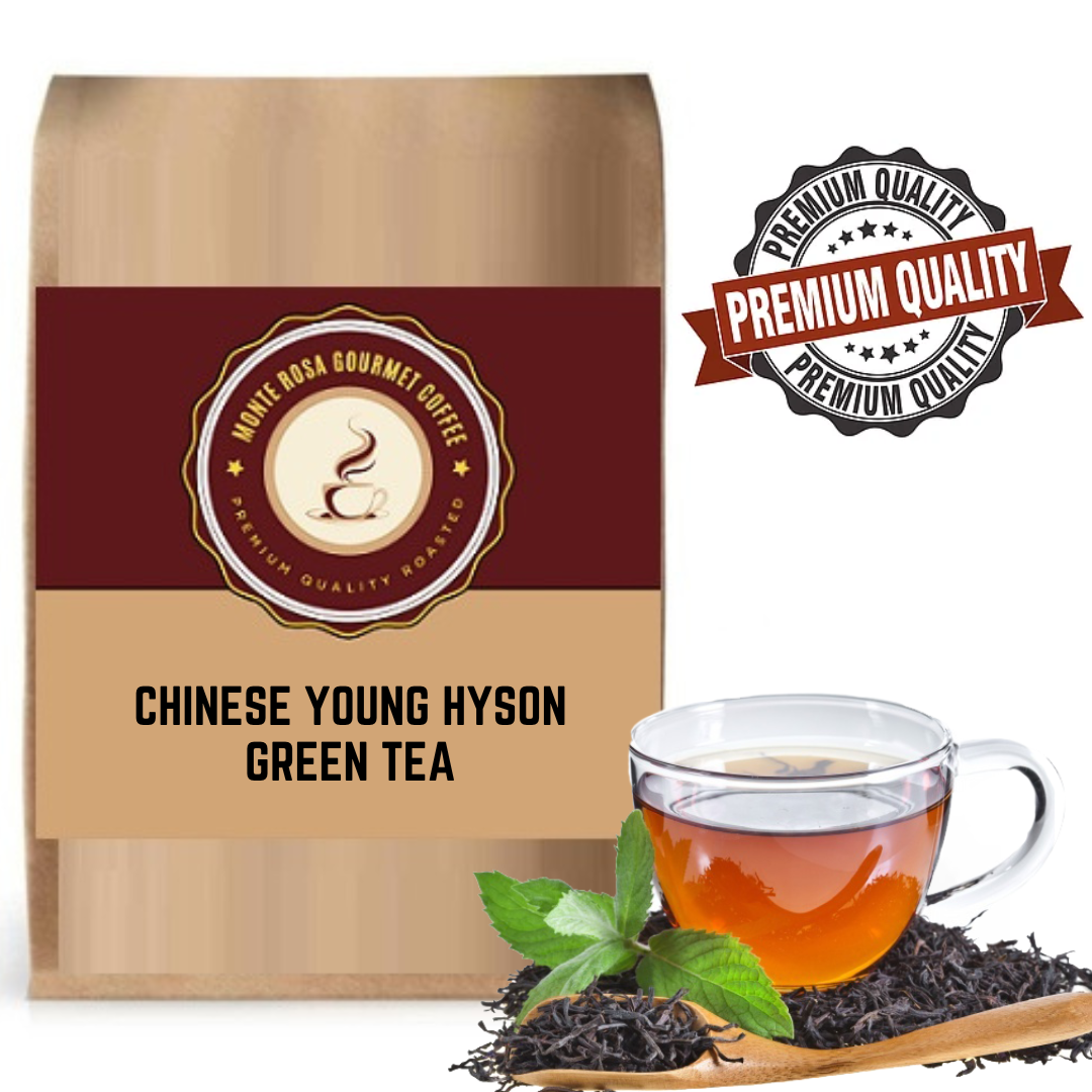 A vibrant green tea leaves of Chinese HySon Green Tea, showcasing its fresh and earthy character, with a cup of brewed tea in the background.