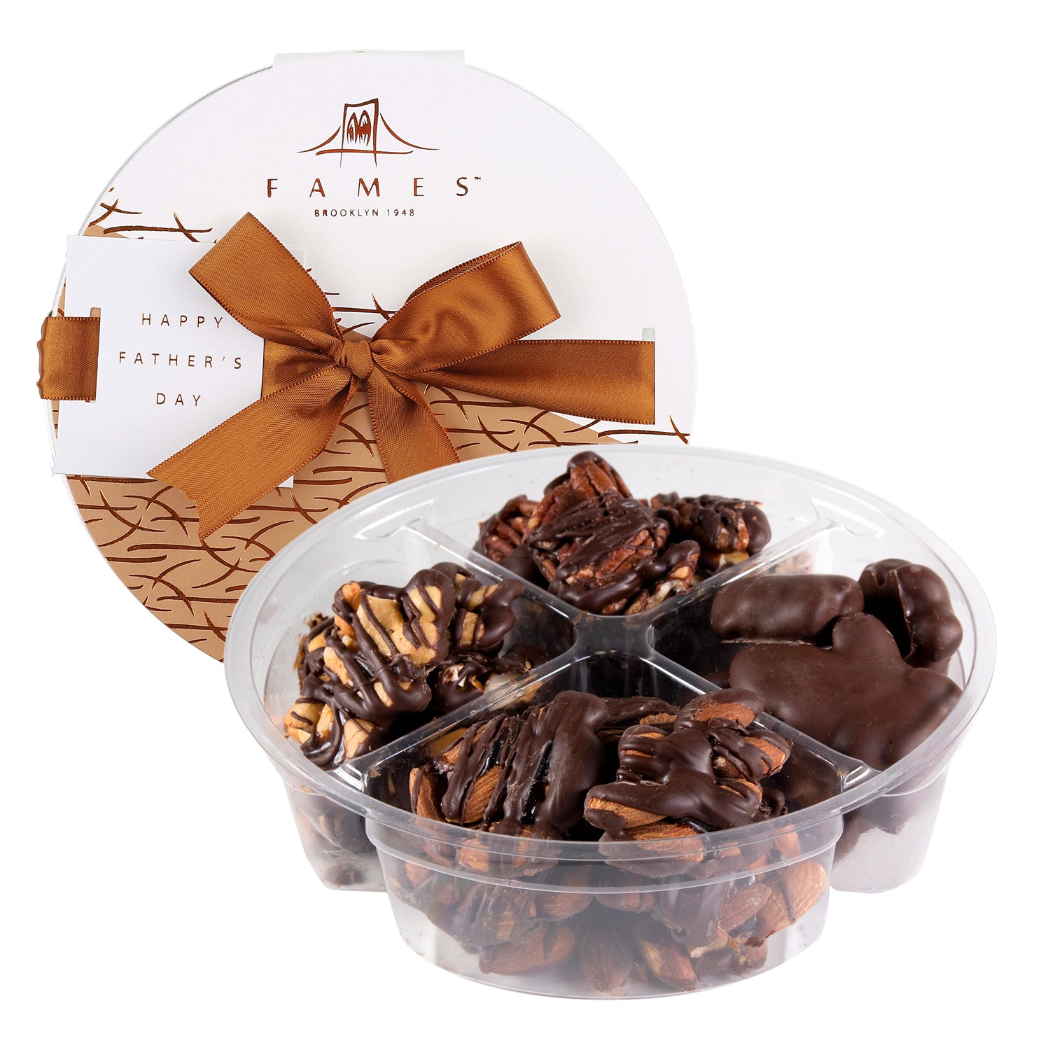 A tray of Chocolate Caramel Nut Clusters featuring cashew patties, pecan patties, and almond clusters, beautifully arranged.