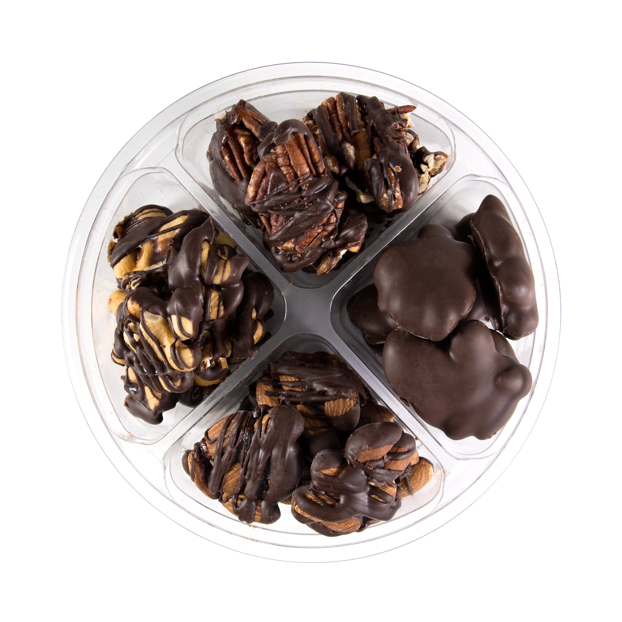 A tray of Chocolate Caramel Nut Clusters featuring cashew patties, pecan patties, and almond clusters, beautifully arranged.