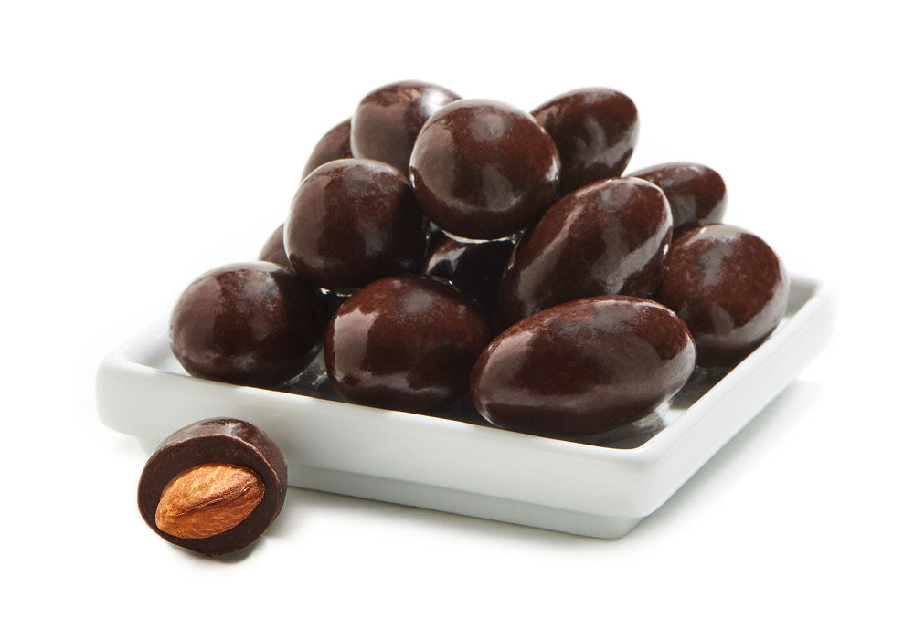 A 5 oz package of Chocolate Covered Almonds featuring a rich chocolate coating over crunchy almonds, perfect for snacking.