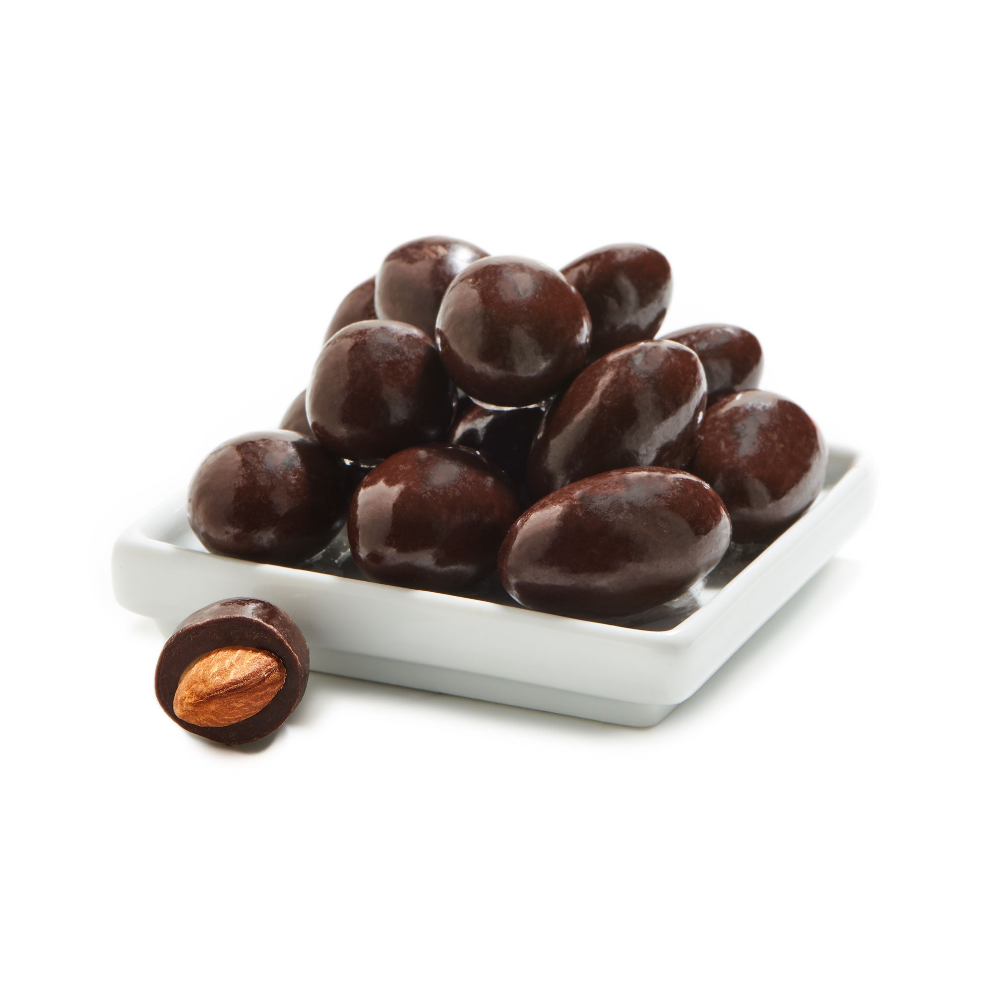 A close-up of chocolate covered almonds, showcasing their glossy chocolate coating and crunchy almond center.