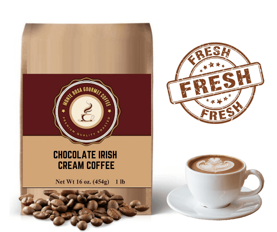 A bag of Chocolate Irish Cream Flavored Coffee featuring rich chocolate and creamy Irish flavors, perfect for coffee lovers.