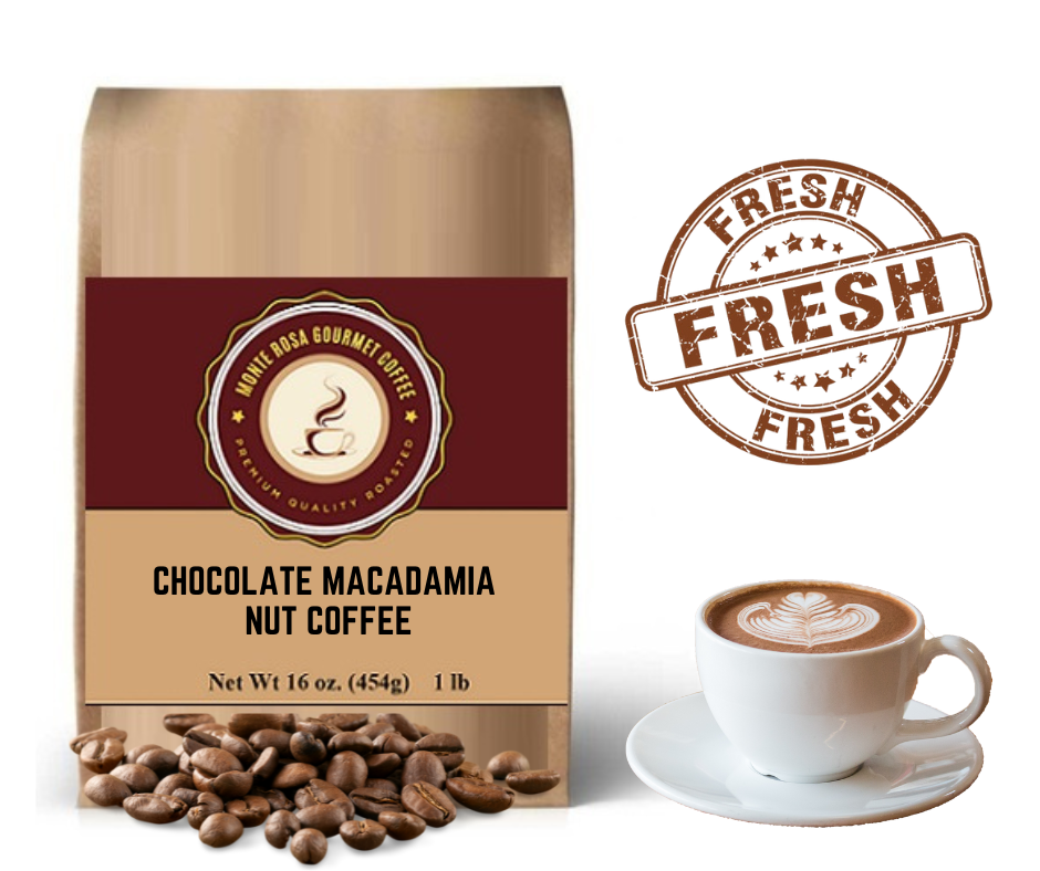 A bag of Chocolate Macadamia Nut flavored coffee featuring rich chocolate and nutty macadamia flavors, perfect for gourmet coffee lovers.