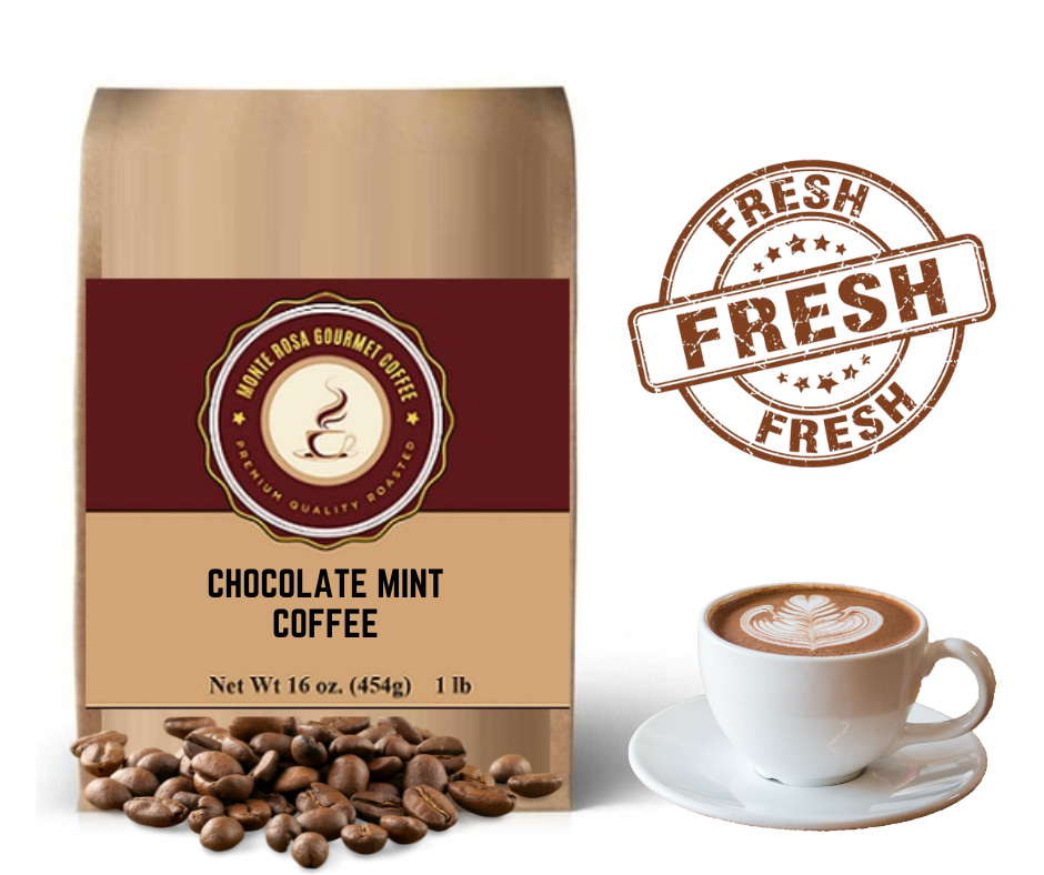 A bag of Monte Rosa Gourmet Chocolate Mint Flavored Coffee showcasing its rich chocolate and mint aroma.