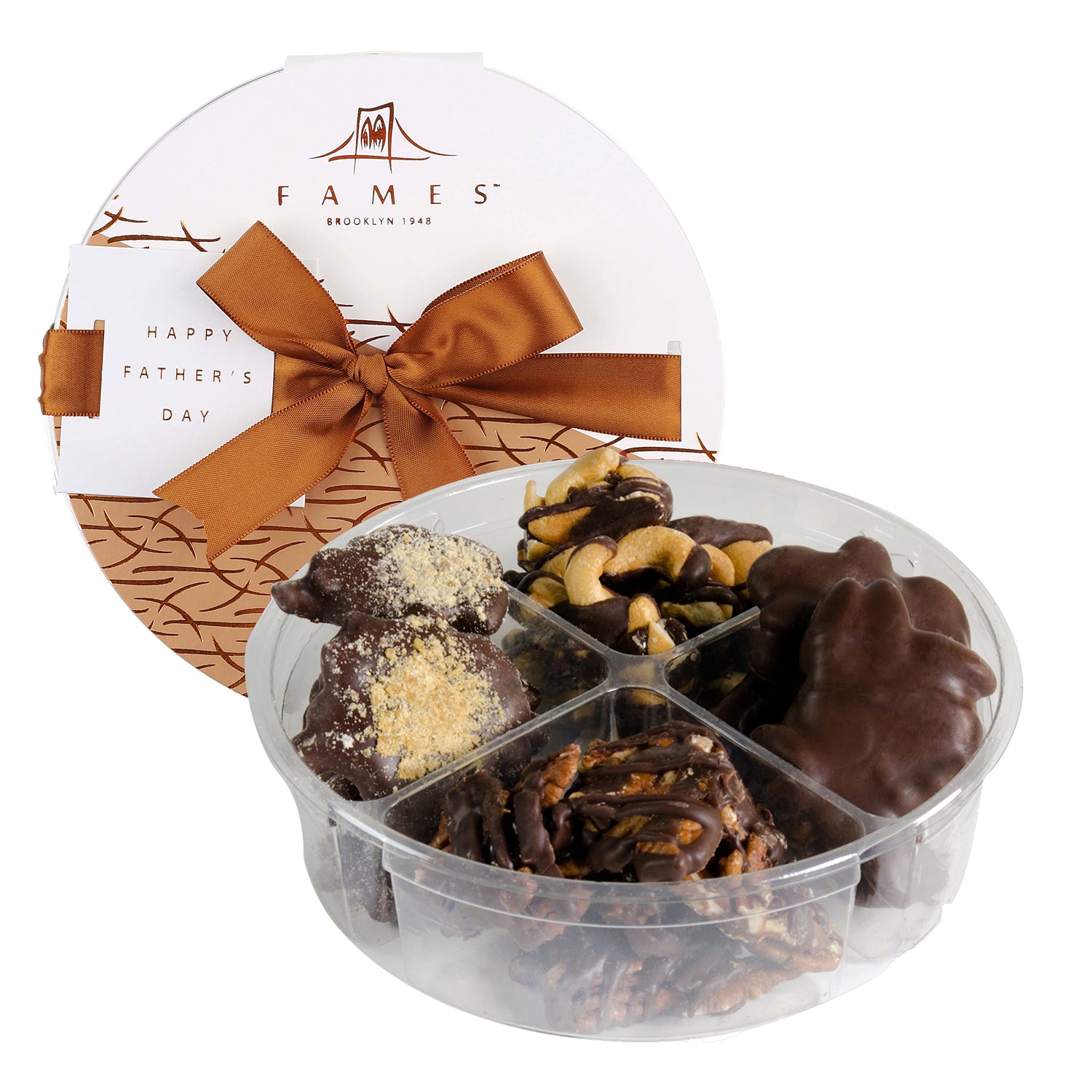 A beautifully arranged tray of Chocolate Nut Clusters featuring pecan patties, almond clusters, caramel brittles, and cashew patties, all dairy-free and kosher.