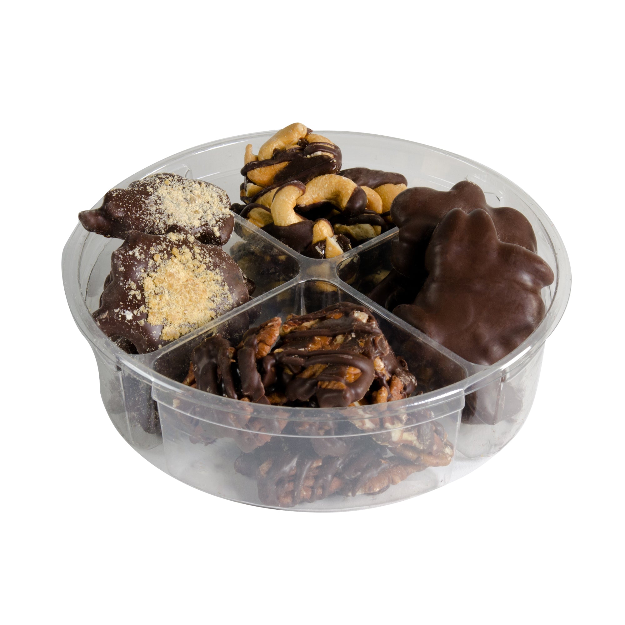 A beautifully arranged tray of Chocolate Nut Clusters featuring pecan patties, almond clusters, caramel brittles, and cashew patties, all dairy-free and kosher.