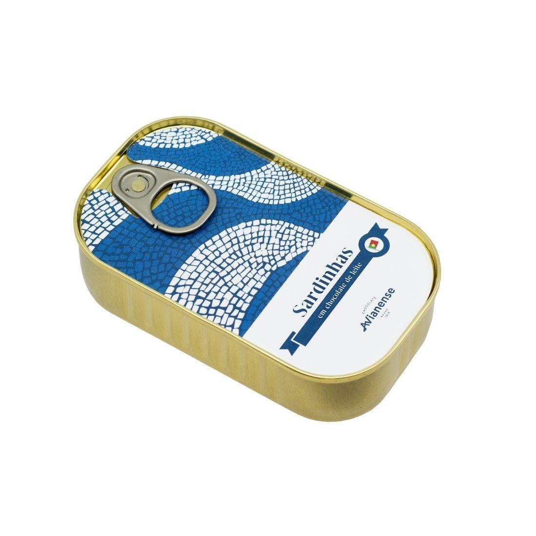 A beautifully packaged box of Chocolate Sardines featuring a blue mosaic design, showcasing the unique chocolate treat inspired by Portuguese tiles.