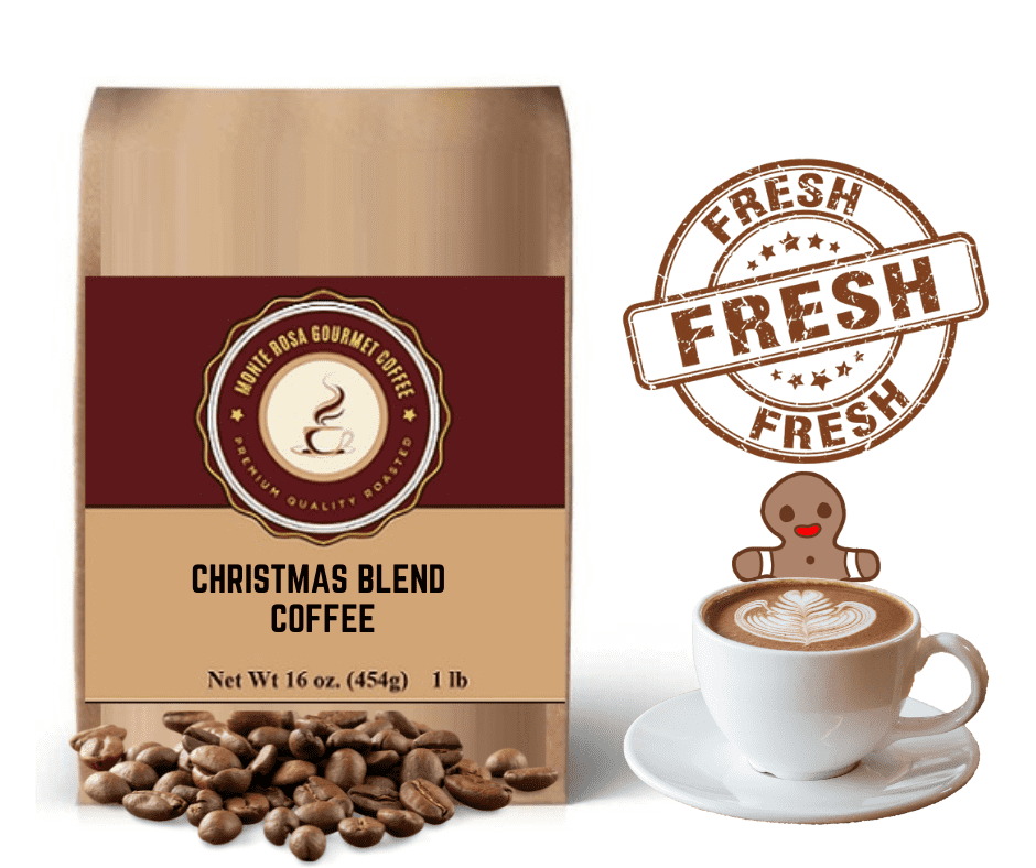 A bag of Monte Rosa Christmas Blend Coffee featuring festive packaging, showcasing rich coffee beans and a warm holiday theme.