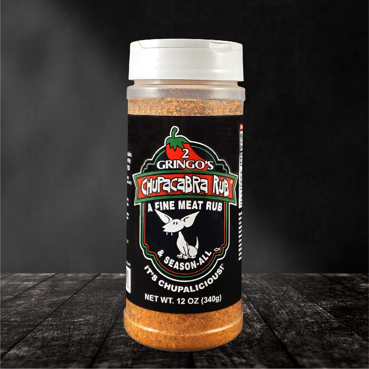 Chupacabra Original Blend 12 Oz container showcasing a flavorful meat rub with spices.