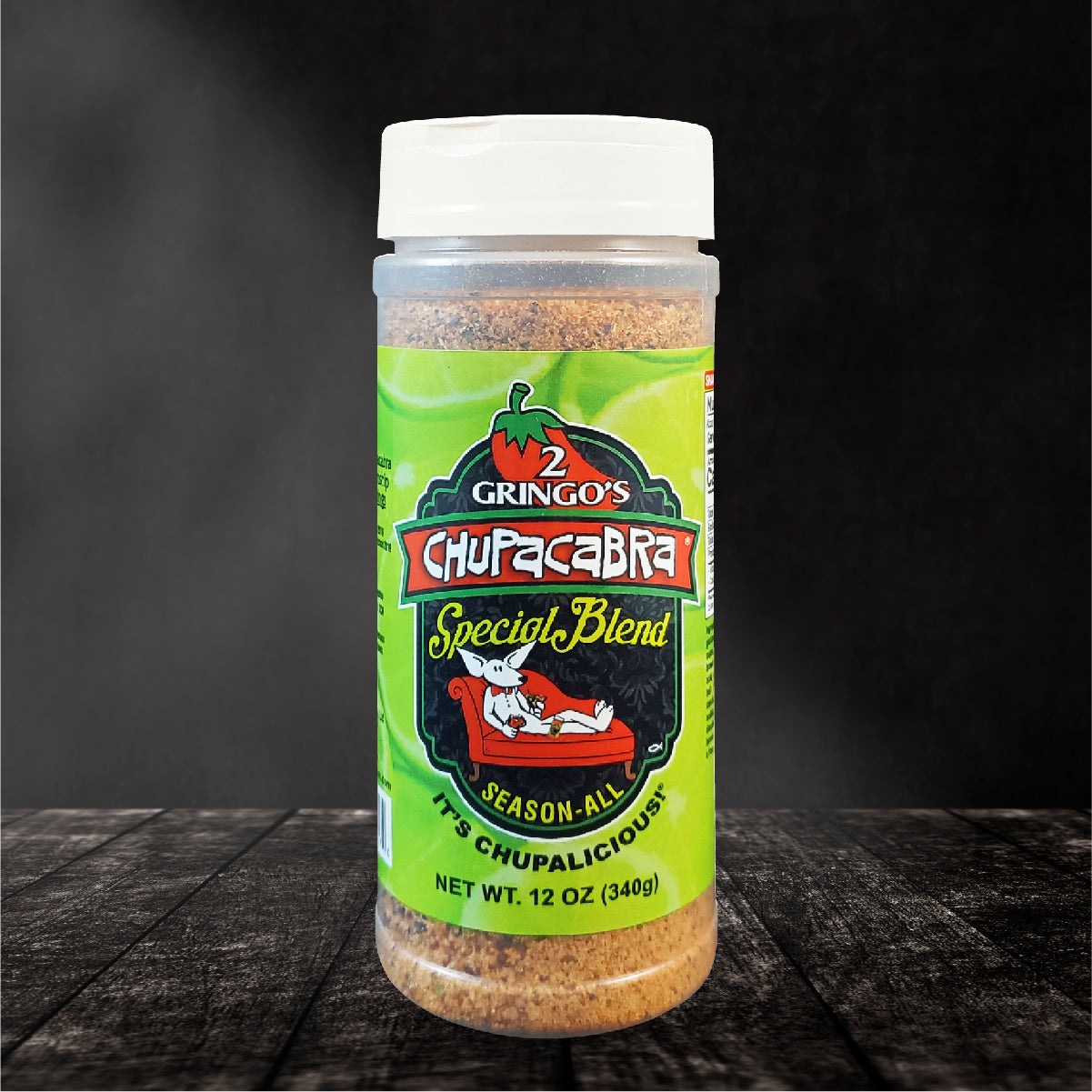 Chupacabra Special Blend 12 Oz seasoning container with vibrant packaging showcasing citrus notes.