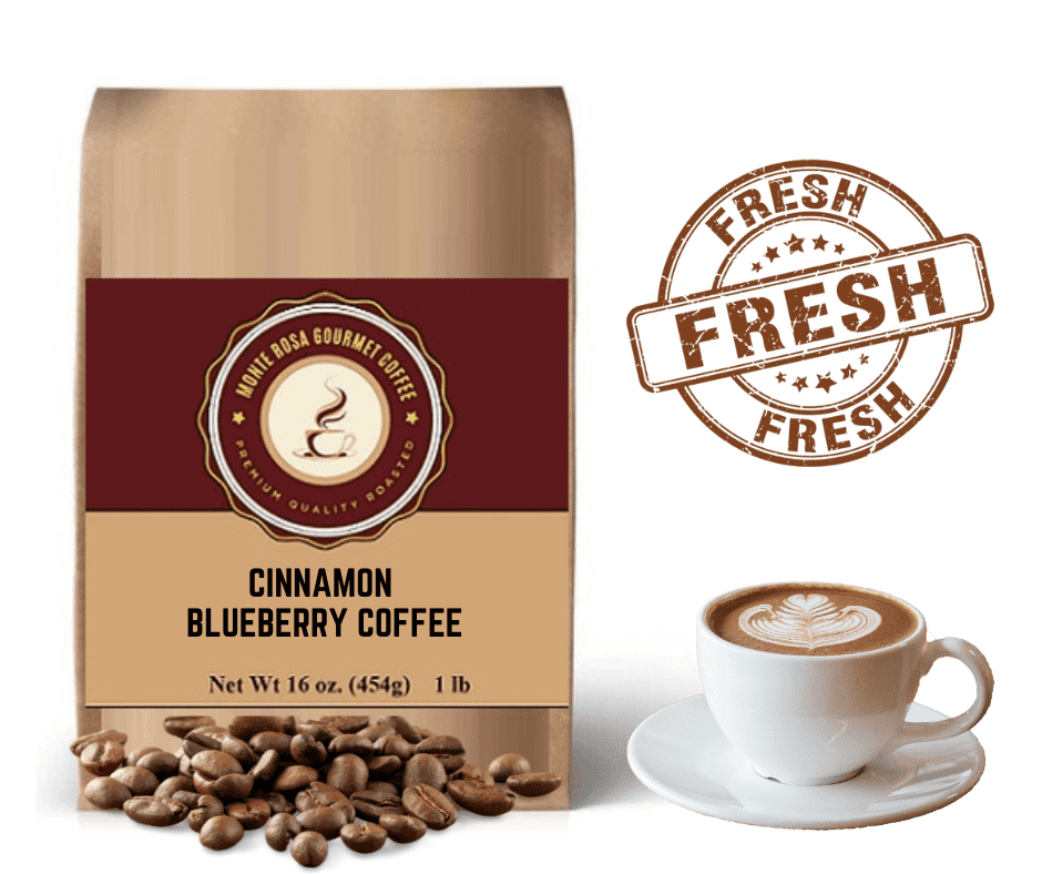 A bag of Cinnamon Blueberry Flavored Coffee featuring vibrant packaging and enticing aroma of blueberries and cinnamon.