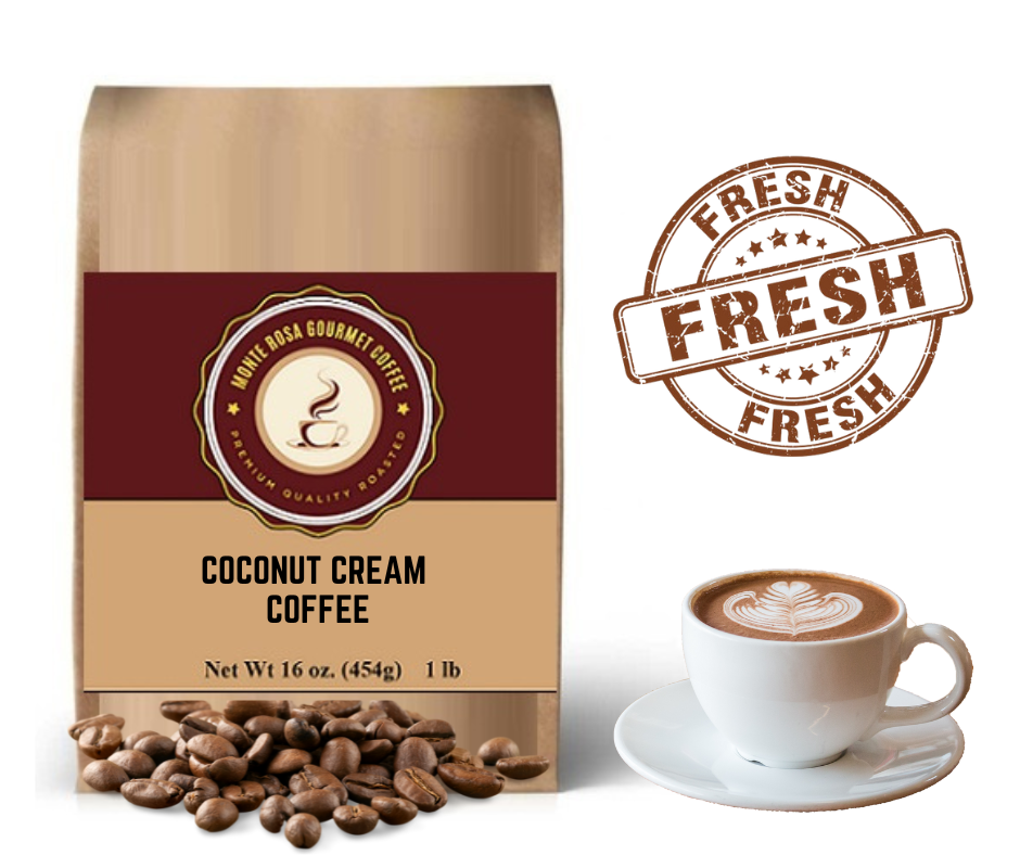 A steaming cup of Coconut Cream flavored coffee with a tropical backdrop, showcasing its rich, creamy texture and inviting aroma.