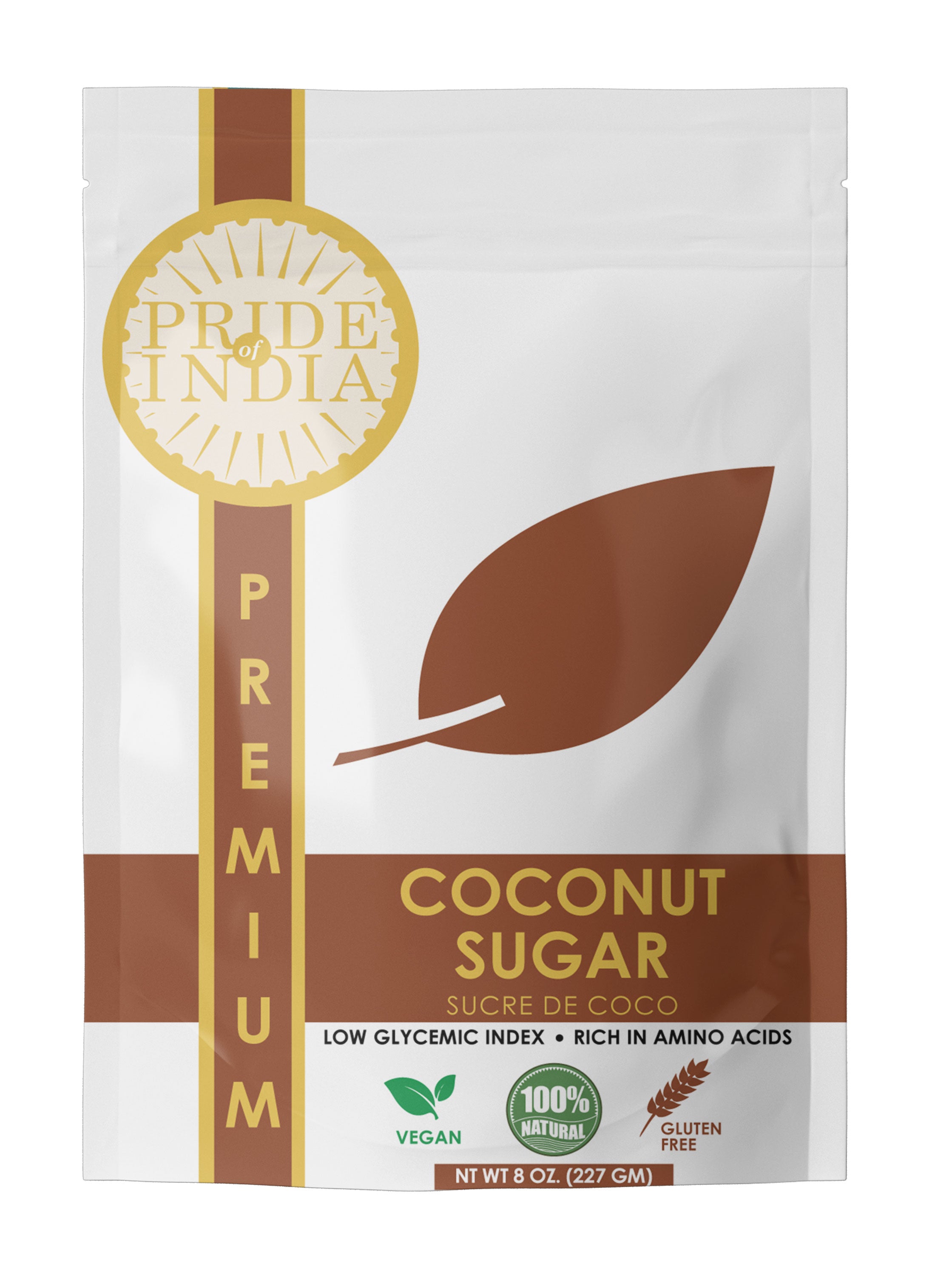 A package of Pride of India Coconut Sugar, showcasing its natural brown color and resealable pouch design.