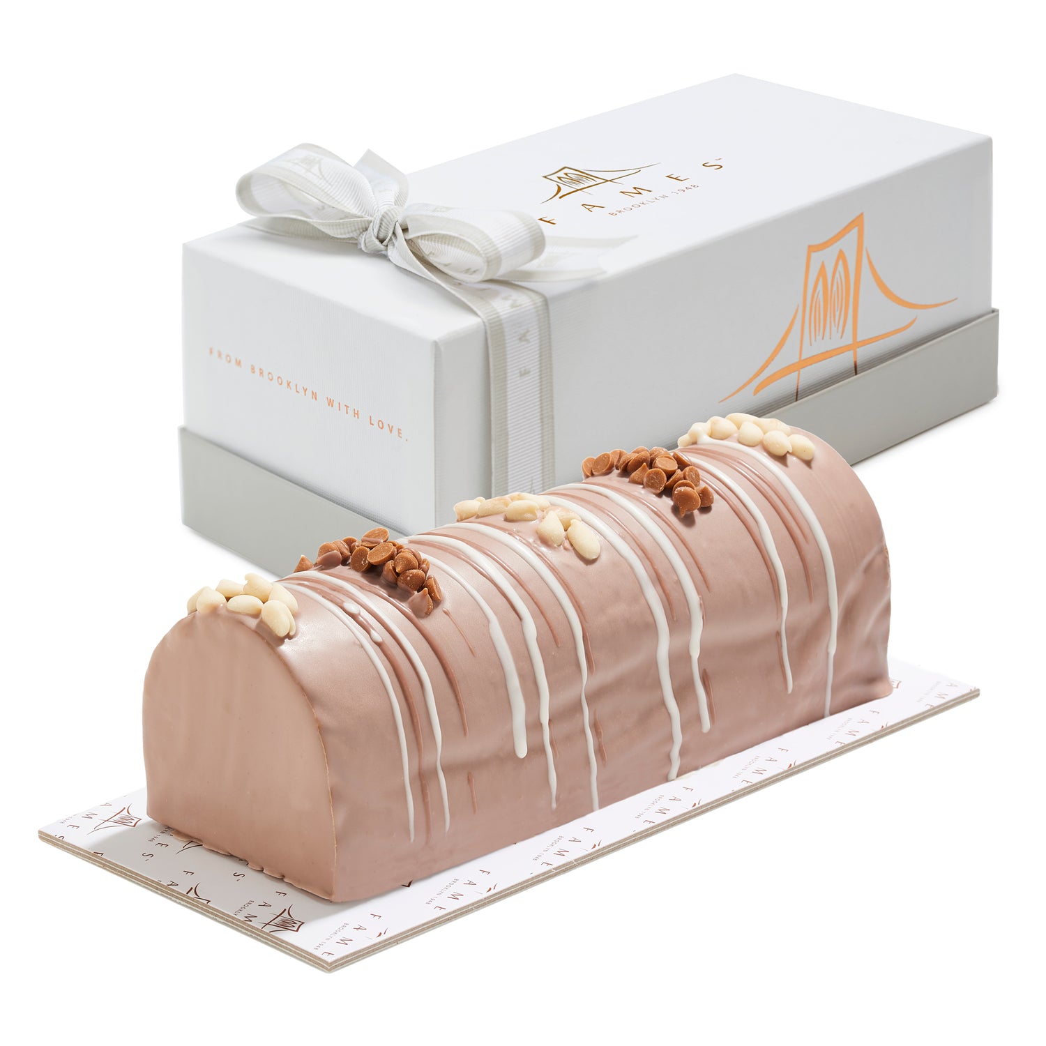 Coffee Fudge Log In Gift Box with chocolate morsels and glaze, elegantly presented.