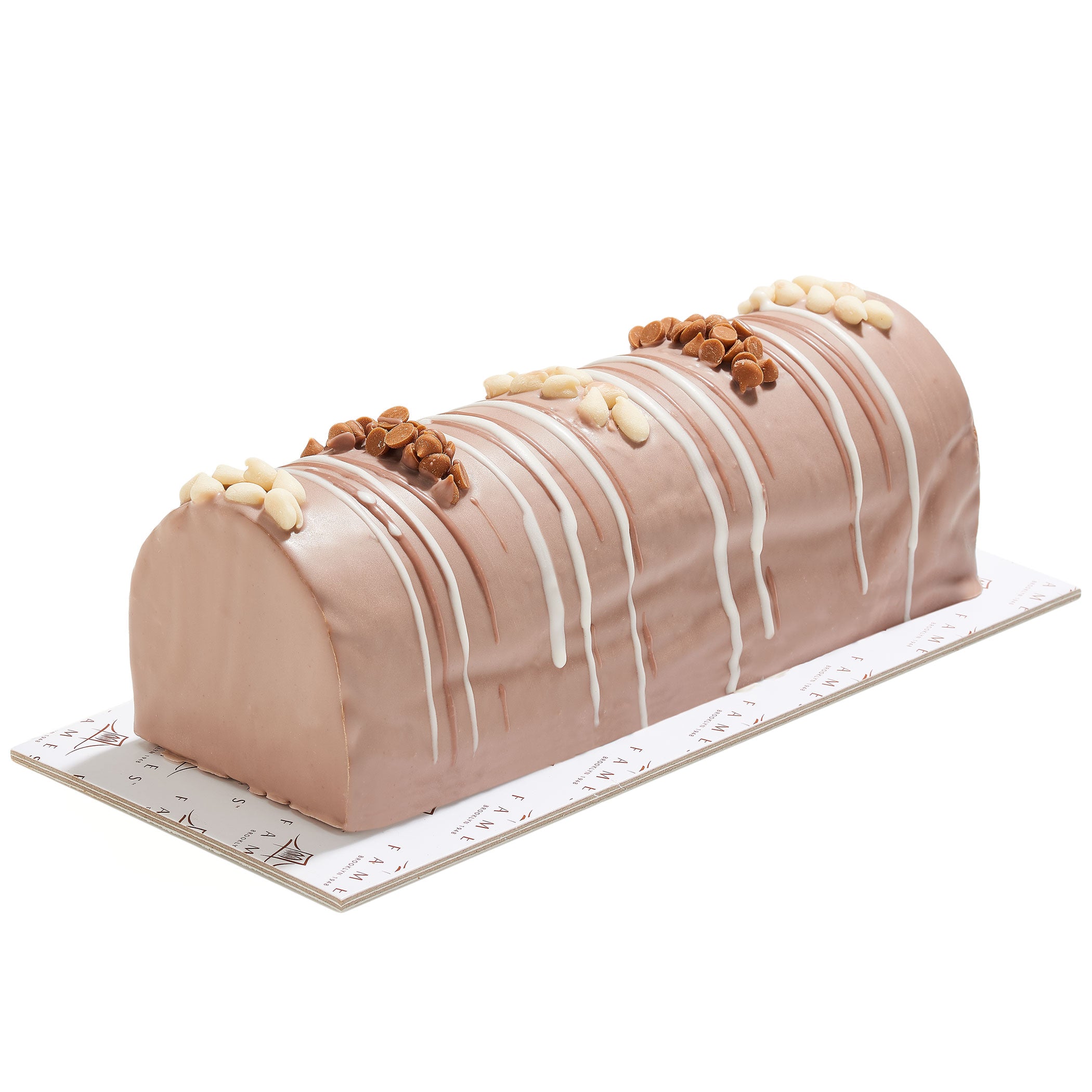 Coffee Fudge Log In Gift Box with chocolate morsels and glaze, elegantly presented.