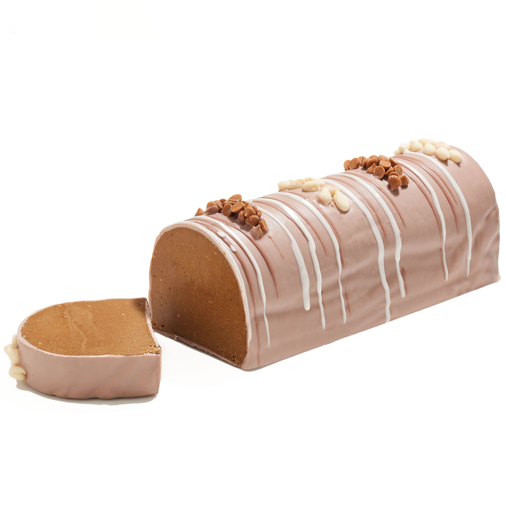 Coffee Fudge Log In Gift Box with chocolate morsels and glaze, elegantly presented.