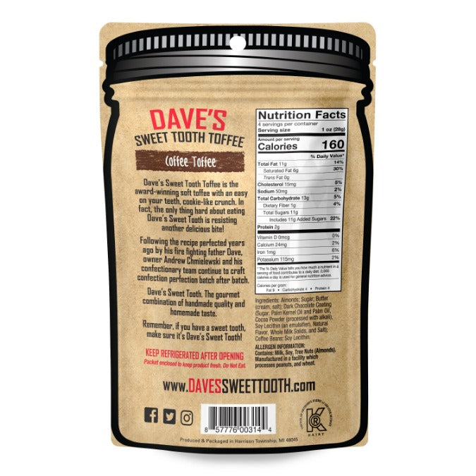 A close-up of Dave’s Sweet Tooth Coffee Toffee showcasing its rich texture and coffee bean pieces.