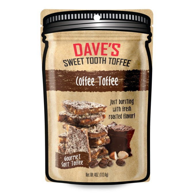 A close-up of Dave’s Sweet Tooth Coffee Toffee showcasing its rich texture and coffee bean pieces.