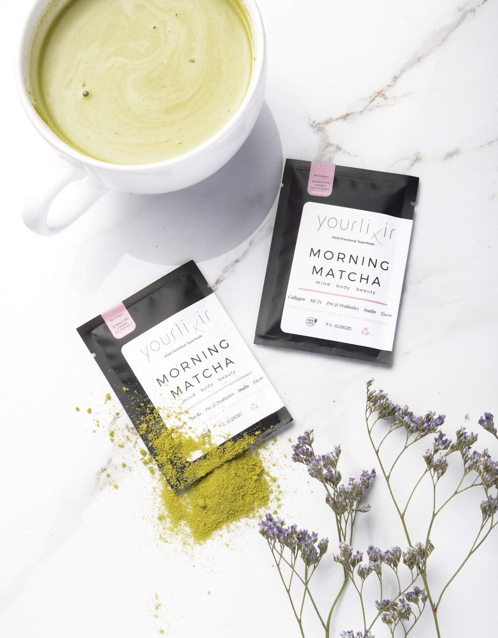 Collagen + Probiotic Matcha Sachets in a box, showcasing the convenient packaging and vibrant matcha color.