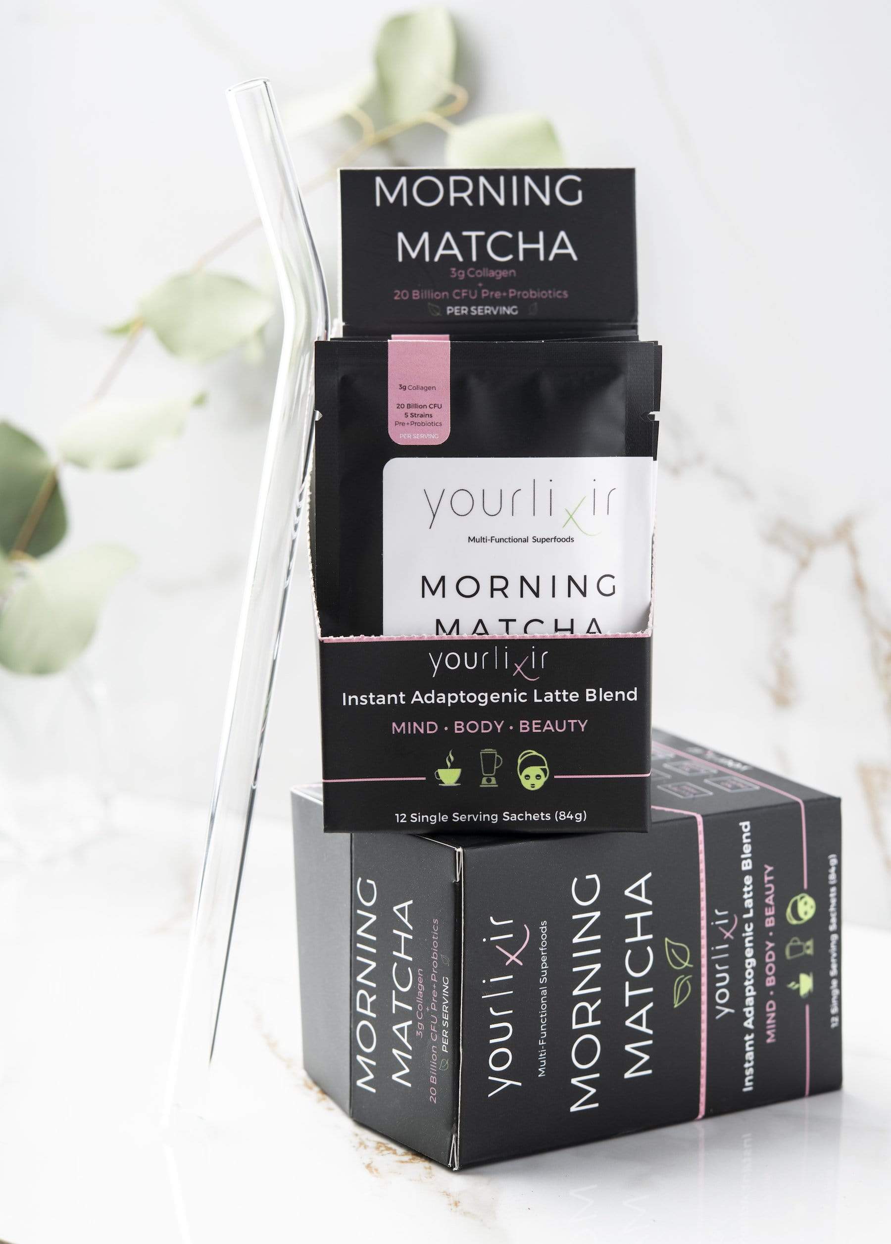 Collagen + Probiotic Matcha Sachets in a box, showcasing the convenient packaging and vibrant matcha color.