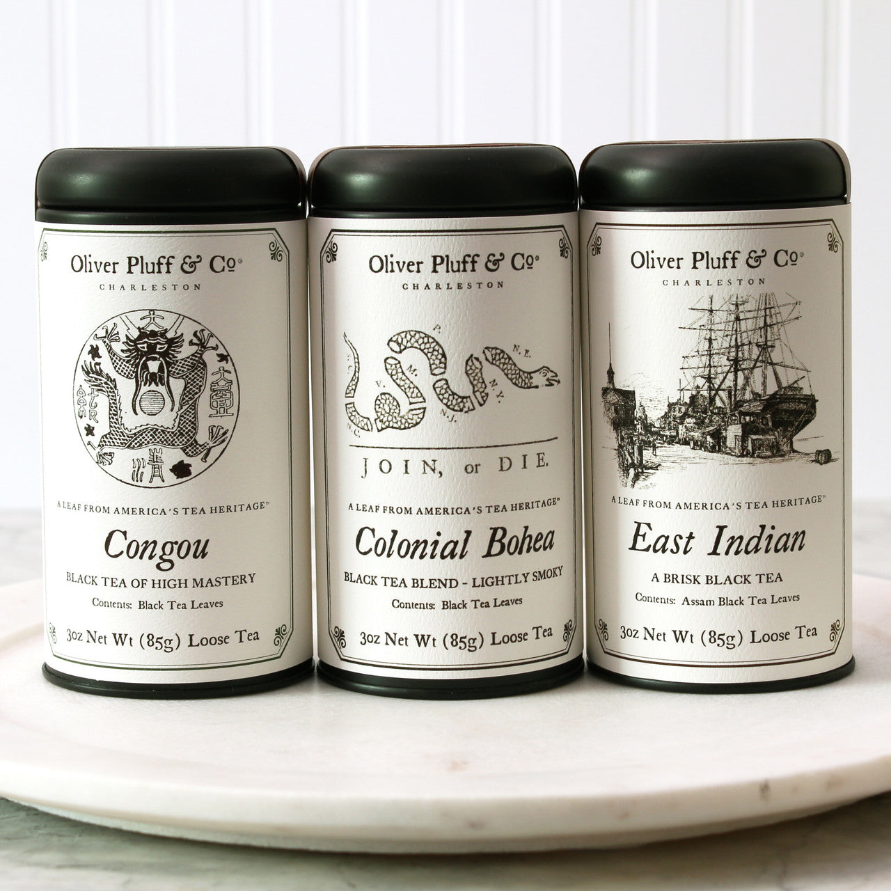 Colonial Black Tea Trio featuring three 3oz signature tins of loose black tea blends including Colonial Bohea, Congou, and East Indian tea.