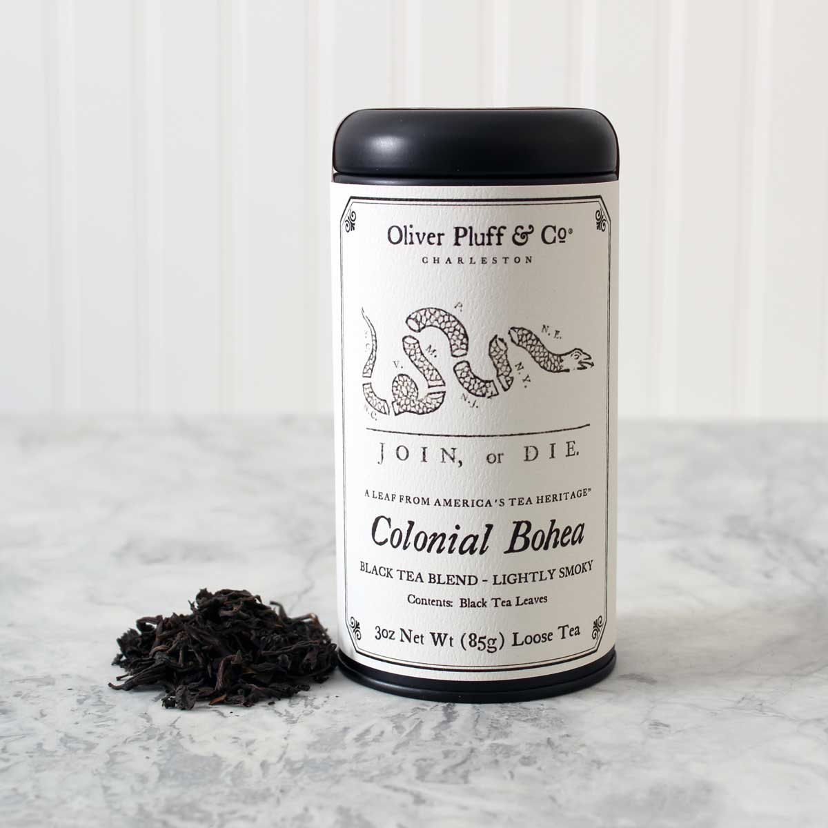 Colonial Black Tea Trio featuring three 3oz signature tins of loose black tea blends including Colonial Bohea, Congou, and East Indian tea.