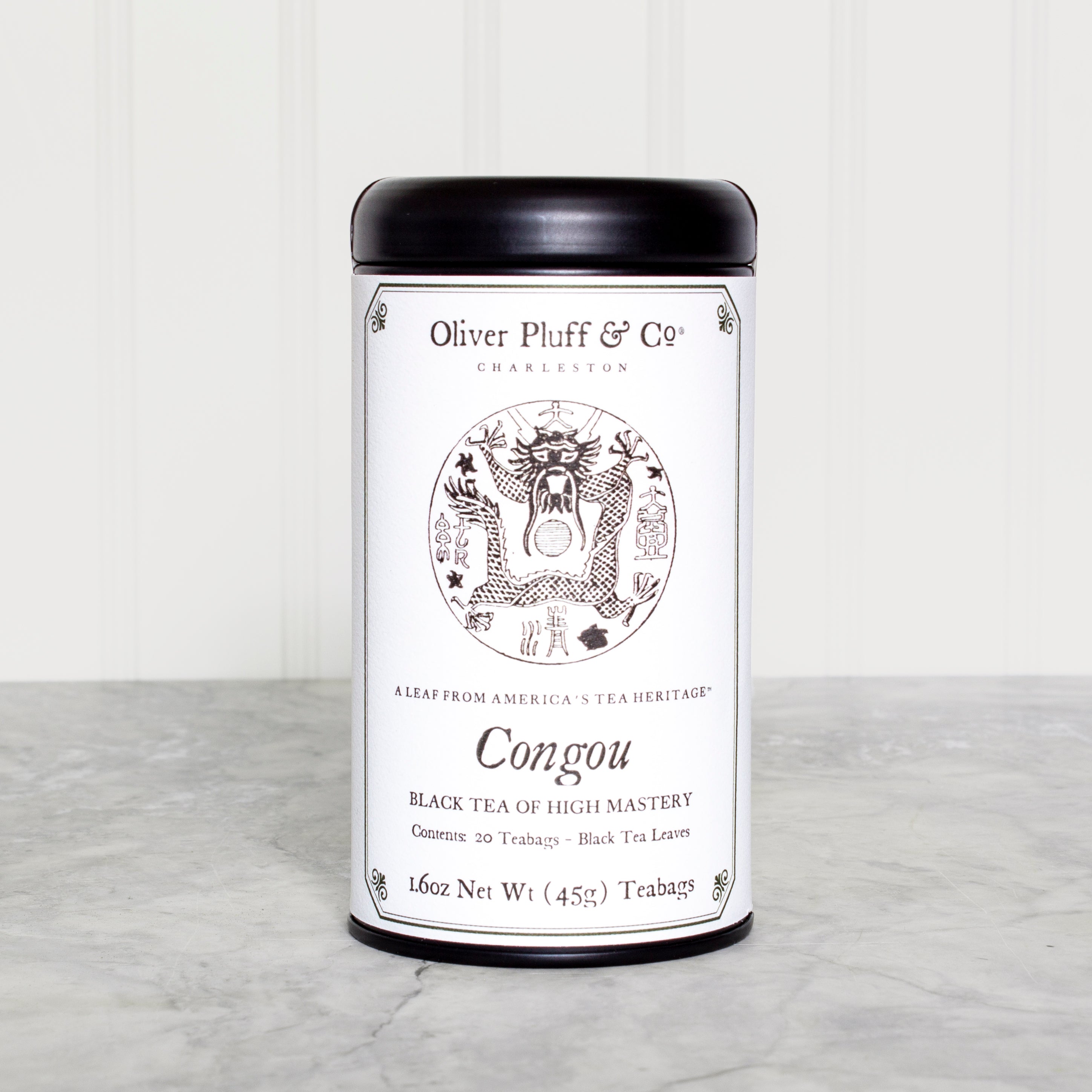 Congou Teabags in a stylish matte black tea tin, showcasing 20 premium teabags with a rich heritage.