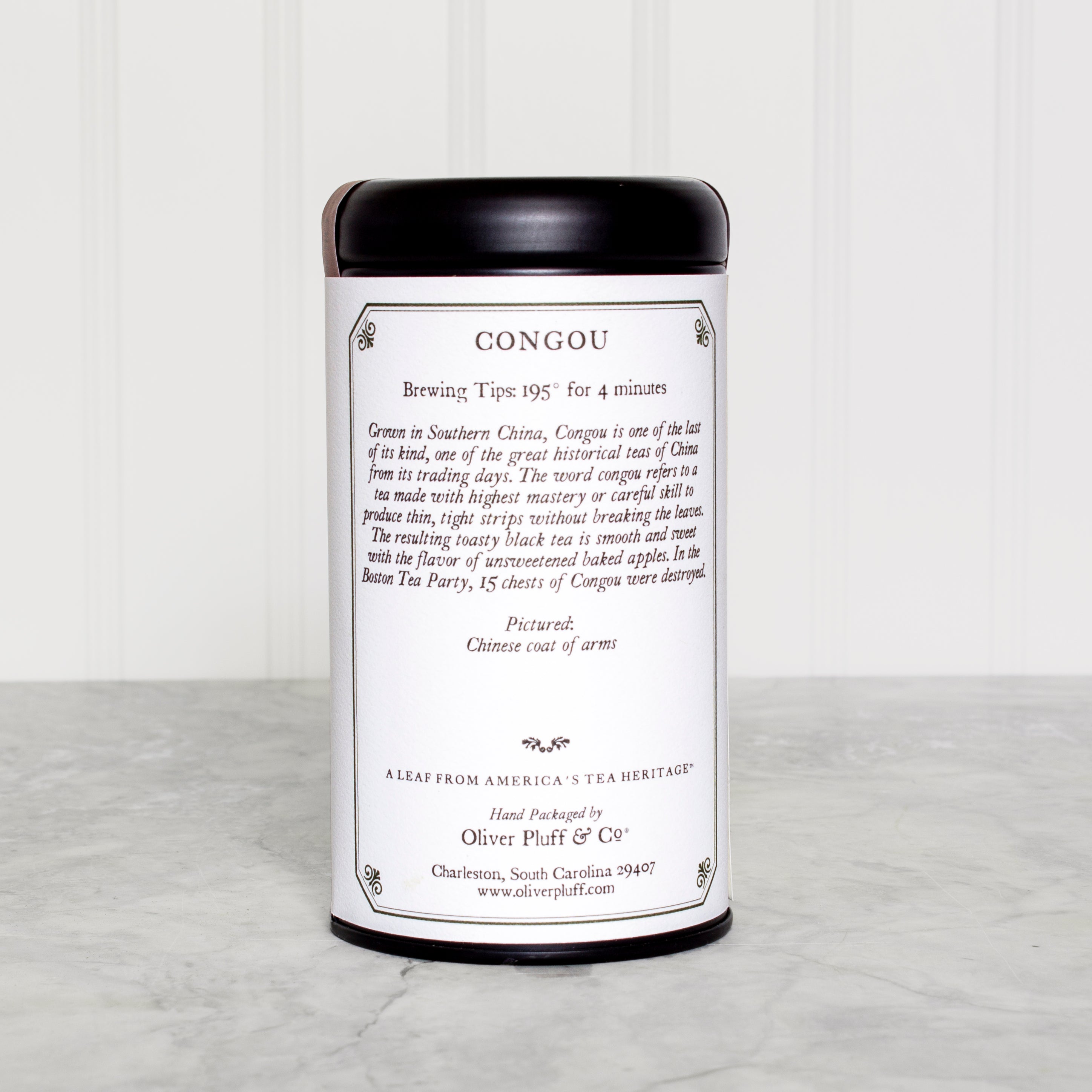 Congou Teabags in a stylish matte black tea tin, showcasing 20 premium teabags with a rich heritage.