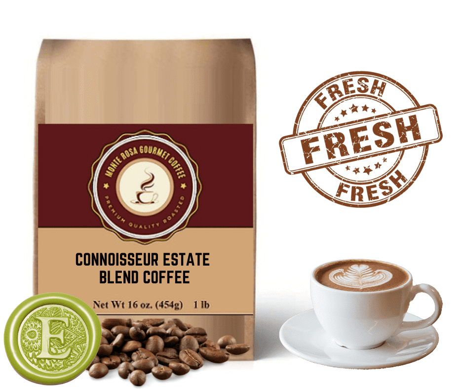 A bag of Connoisseur Estate Blend Coffee featuring rich, aromatic coffee beans from Africa and Indonesia.