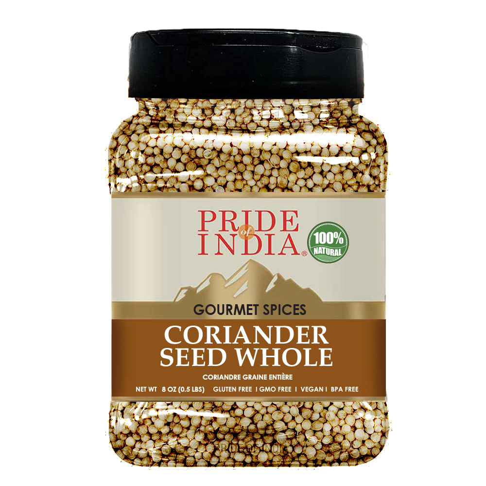 A jar of whole coriander seeds, showcasing their natural brown color and texture, ideal for culinary use.