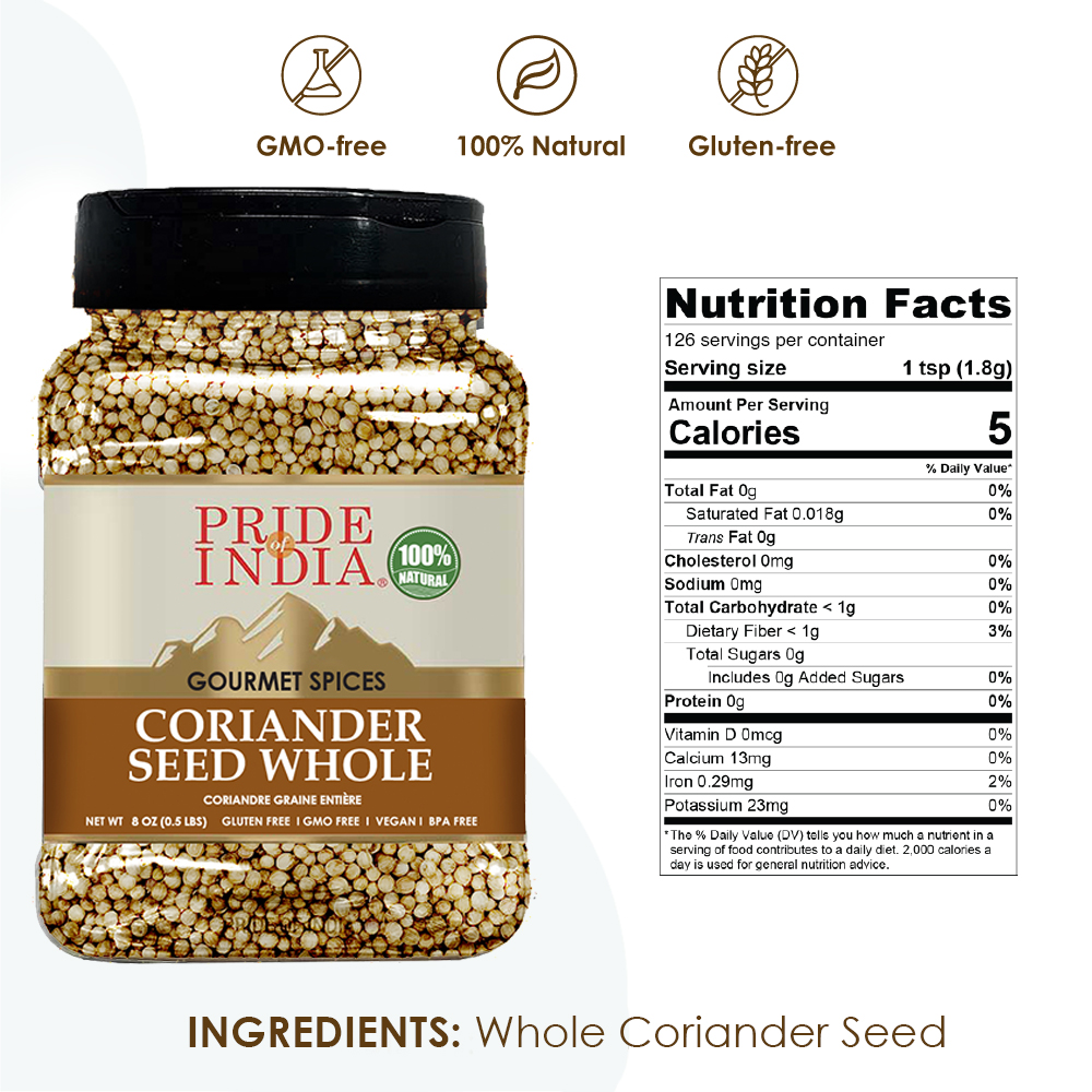 A jar of whole coriander seeds, showcasing their natural brown color and texture, ideal for culinary use.