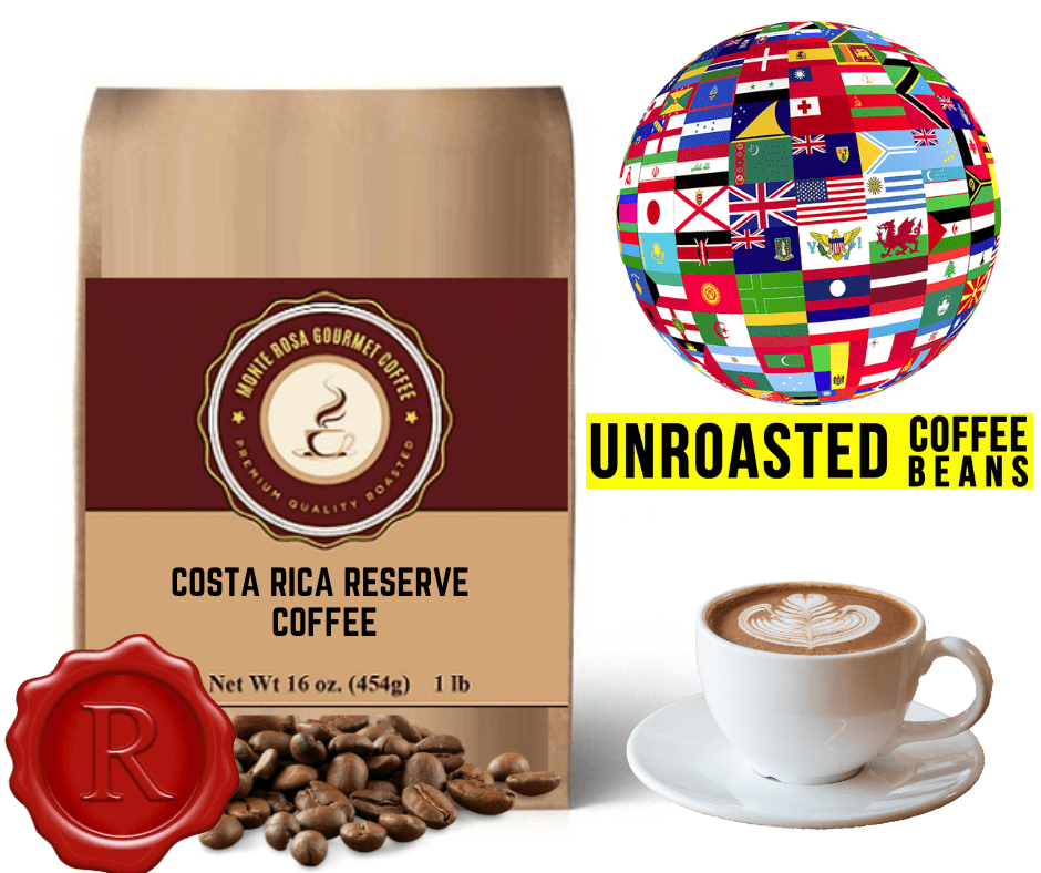 A bag of Costa Rica Reserve Coffee - Green/Unroasted showcasing its premium quality beans, ideal for home roasting.