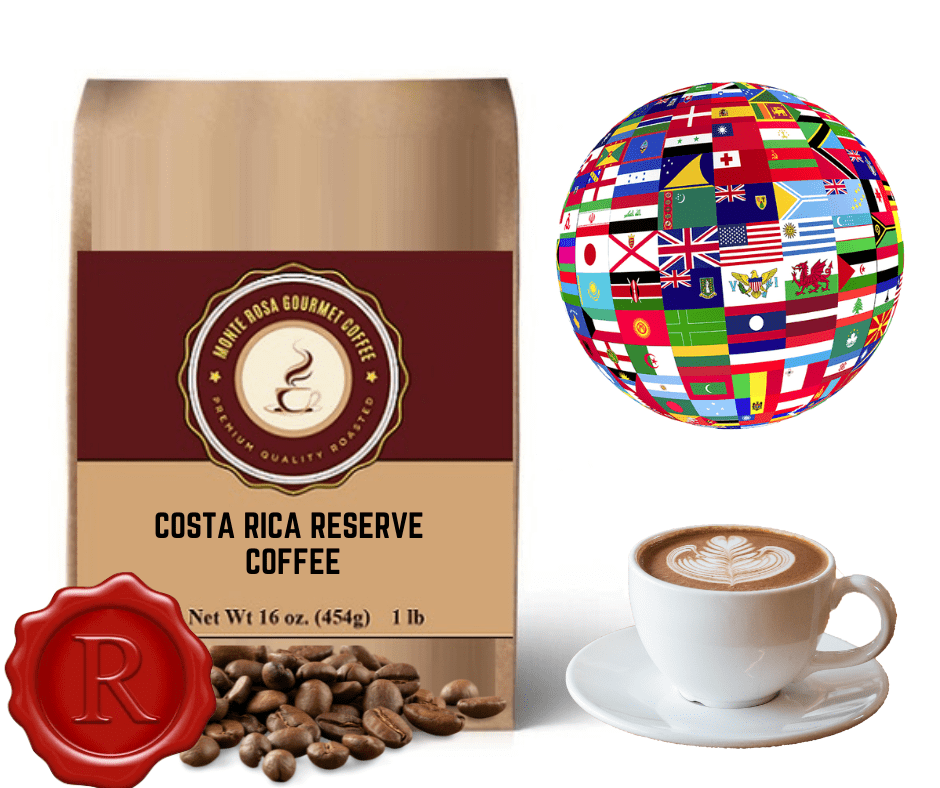 A bag of Costa Rica Reserve coffee beans showcasing their rich color and texture, ideal for brewing a flavorful cup.