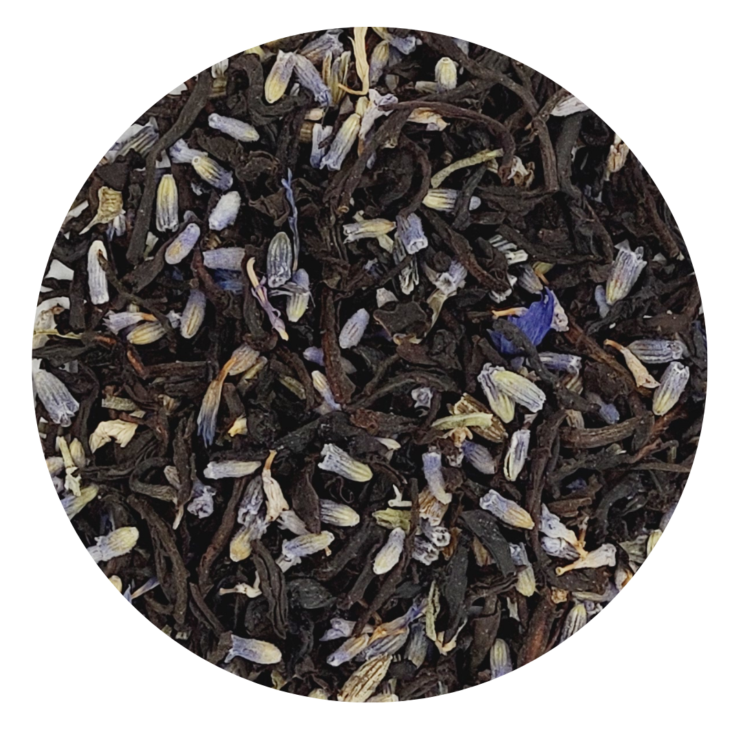 A beautifully packaged bag of Countess of Earl tea blend featuring organic black tea, blue cornflowers, and lavender buds.