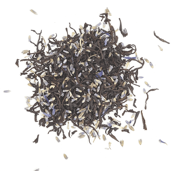 A beautifully packaged bag of Countess of Earl tea blend featuring organic black tea, blue cornflowers, and lavender buds.