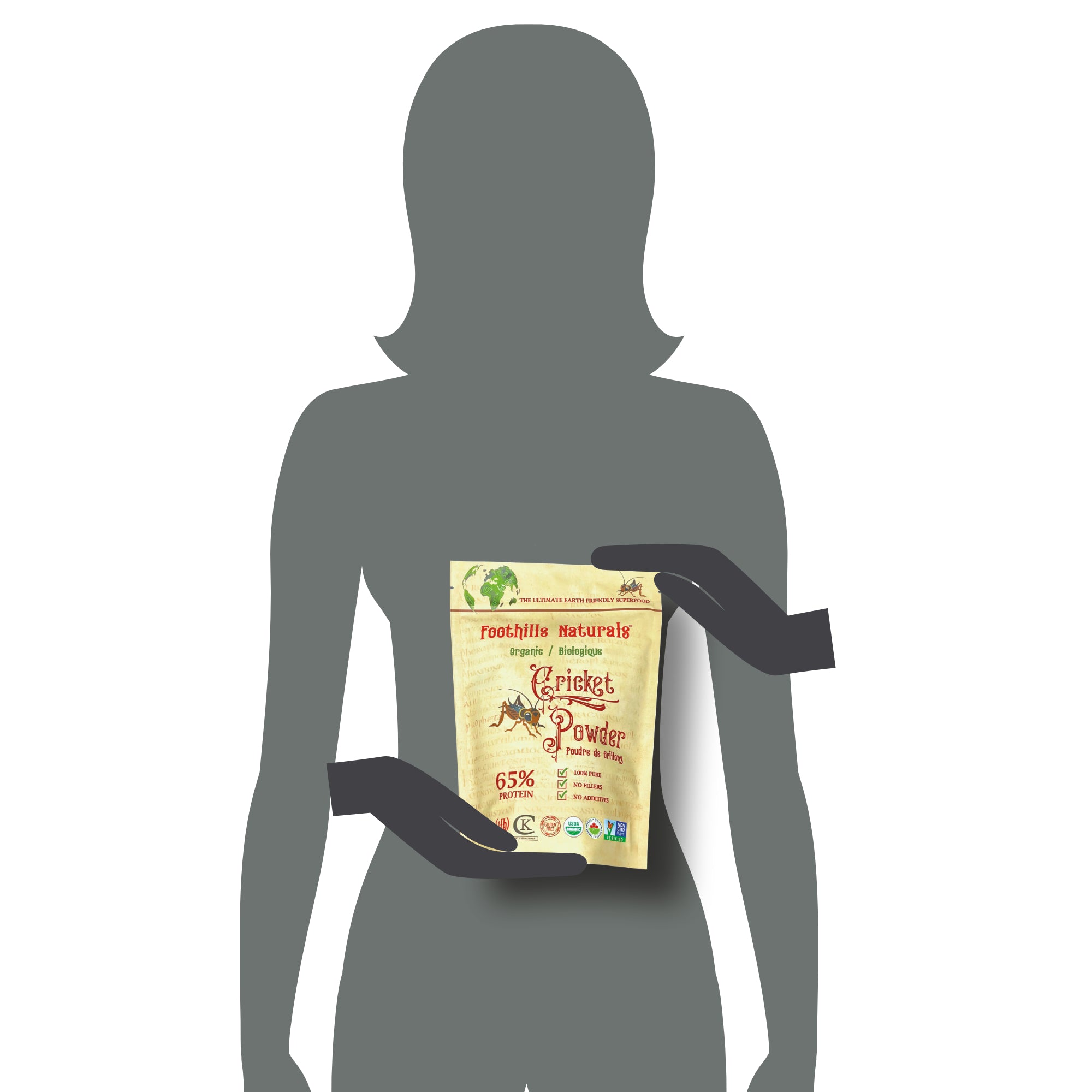 A bag of organic cricket powder, showcasing its fine texture and packaging, ideal for high protein diets.