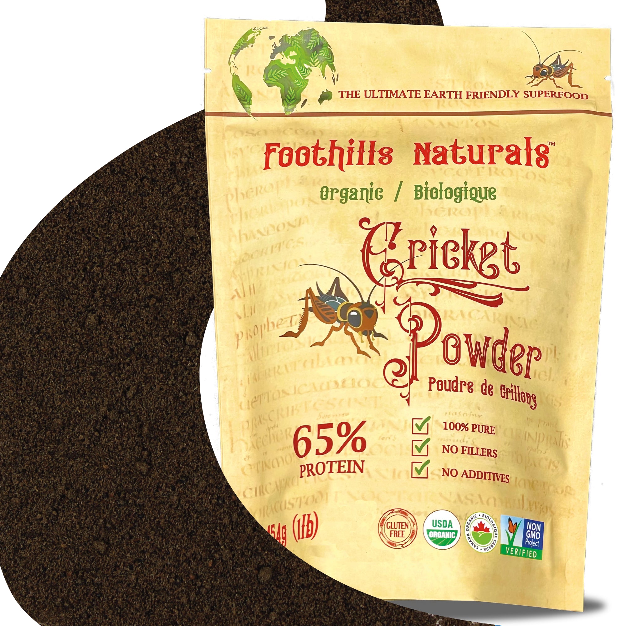 A bag of organic cricket powder, showcasing its fine texture and packaging, ideal for high protein diets.